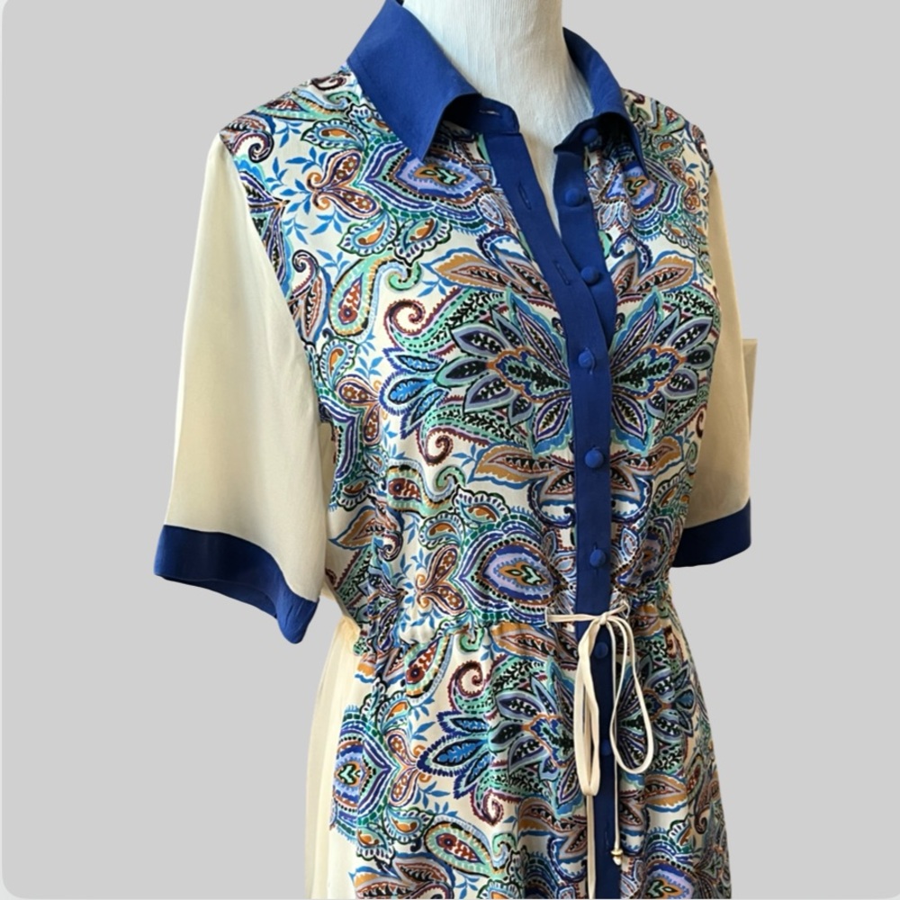 Johnny Was Cream and Blue High-Low Button-Front Midi Dress Size Small - Picture 8 of 16